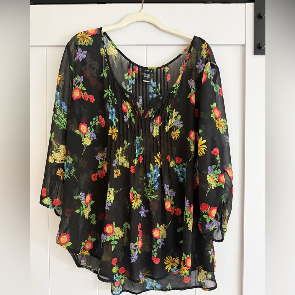 Torrid Black sheer blouse with Colorful Floral pattern